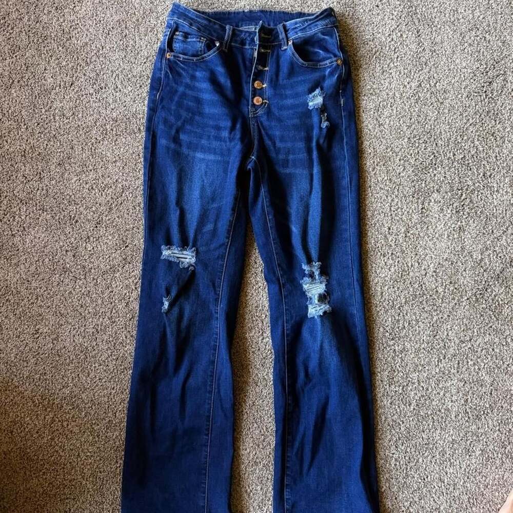 Distressed Dark Wash Flare Jeans Size S Button Fly